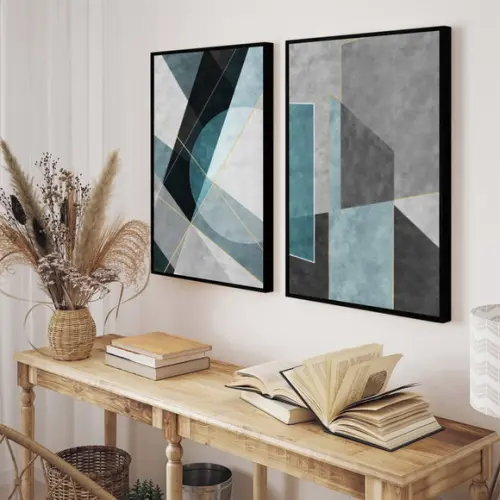 Kit Quadros Decorativos Geométrico Azul Moderno Com Moldura