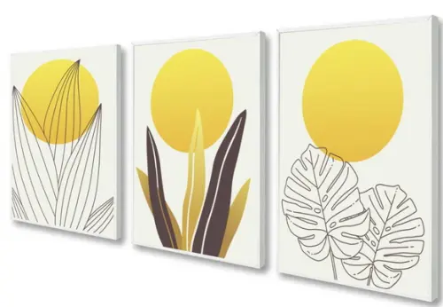 Kit Quadros Decorativos Geométrico Amarelo Folhagem Moldura