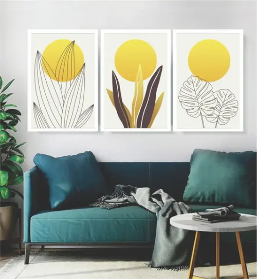 Kit Quadros Decorativos Geométrico Amarelo Folhagem Moldura