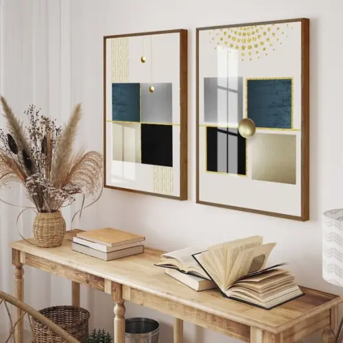 Kit Quadros Decorativos Geométrico Gold Com Moldura e Vidro