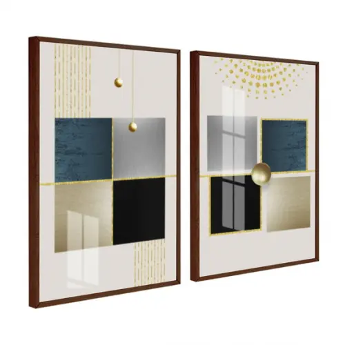 Kit Quadros Decorativos Geométrico Gold Com Moldura e Vidro