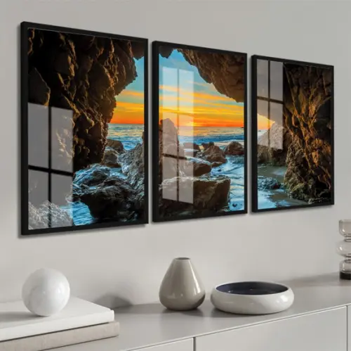 Kit Quadros Decorativos Gruta Paisagem Praia Moldura e Vidro