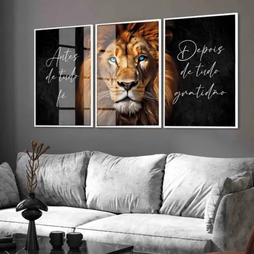 Kit Quadros Decorativos Leão de Judá Frase Inspiração Vidro