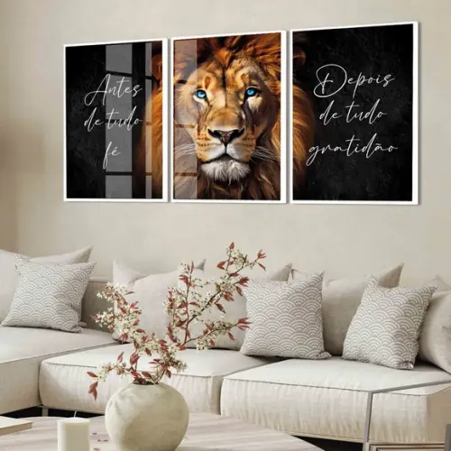 Kit Quadros Decorativos Leão de Judá Frase Inspiração Vidro