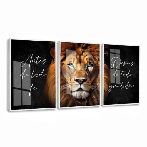 Kit Quadros Decorativos Leão de Judá Frase Inspiração Vidro