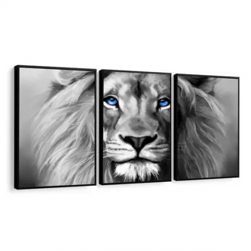 Kit Quadros Decorativos Leão De Judá Preto e Branco Moldura