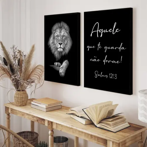 Kit Quadros Decorativos Leão Motivacional Salmos Com Moldura