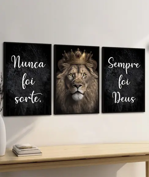 Kit Quadros Decorativos Leão Nunca Foi Sorte Sempre Foi Deus