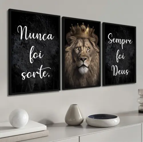 Kit Quadros Decorativos Leão Nunca Foi Sorte Sempre Foi Deus