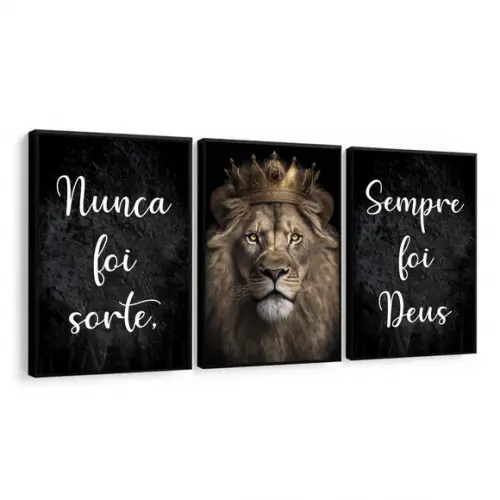 Kit Quadros Decorativos Leão Nunca Foi Sorte Sempre Foi Deus