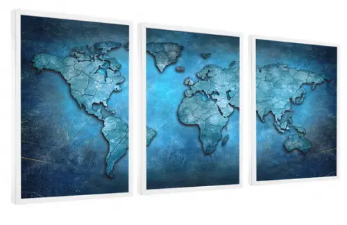 Kit Quadros Decorativos Mapa Mundi Moderno Azul Com Moldura