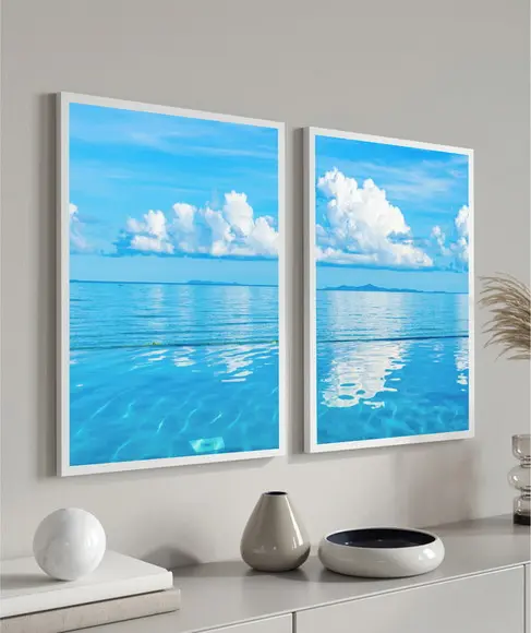 Kit Quadros Decorativos Mar Azul Paisagem Para Sala Moldura