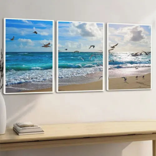Kit Quadros Decorativos Mar Pássaros Gaivotas Moldura 50x70