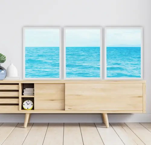 Kit Quadros Decorativos Mar Azul Praia Para Sala Com Moldura