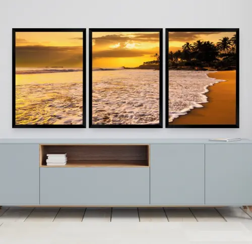 Kit Quadros Decorativos Mar Pôr Do Sol Para Sala Com Moldura