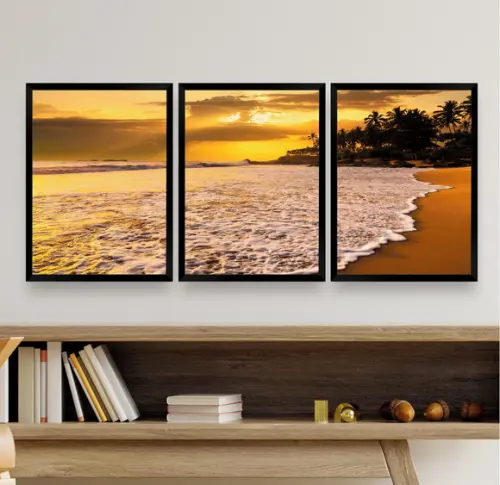 Kit Quadros Decorativos Mar Pôr Do Sol Para Sala Com Moldura