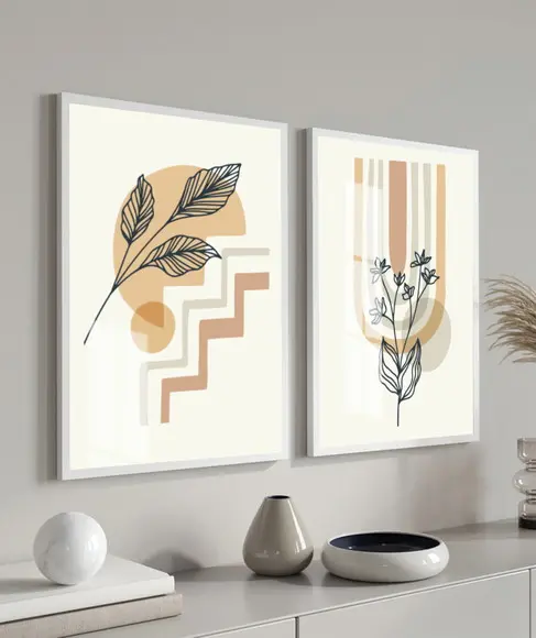Kit Quadros Decorativos Moderno Abstrato Com Moldura e Vidro