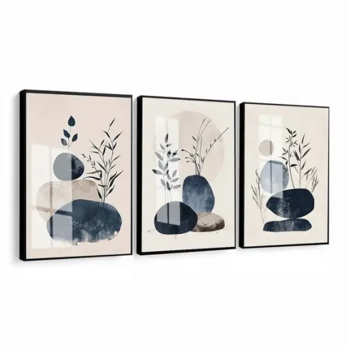 Kit Quadros Decorativos Modernos Abstrato Folhas Azul Vidro