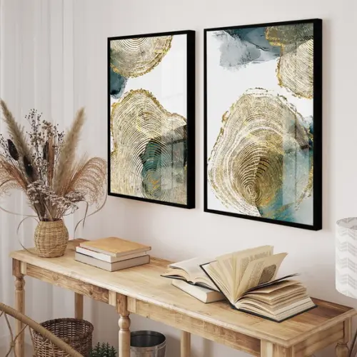 Kit Quadros Decorativos Modernos Dourado Com Moldura e Vidro