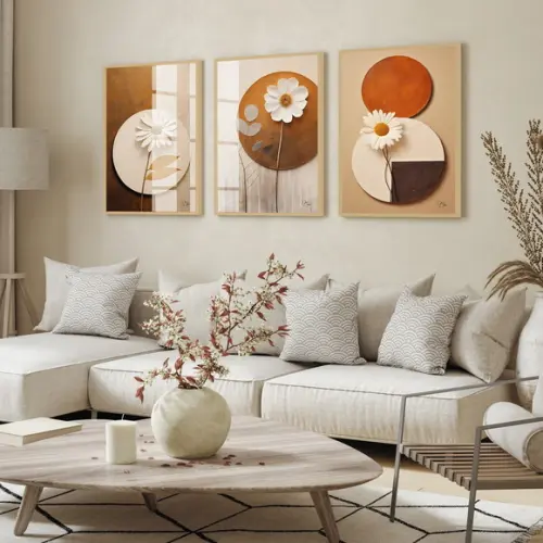 Kit Quadros Decorativos Modernos Flores Geométrico com Vidro