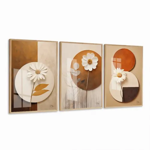 Kit Quadros Decorativos Modernos Flores Geométrico com Vidro