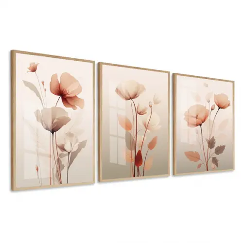 Kit Quadros Decorativos Modernos Flores Rosa Moldura e Vidro