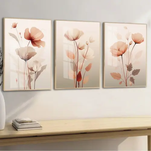 Kit Quadros Decorativos Modernos Flores Rosa Moldura e Vidro