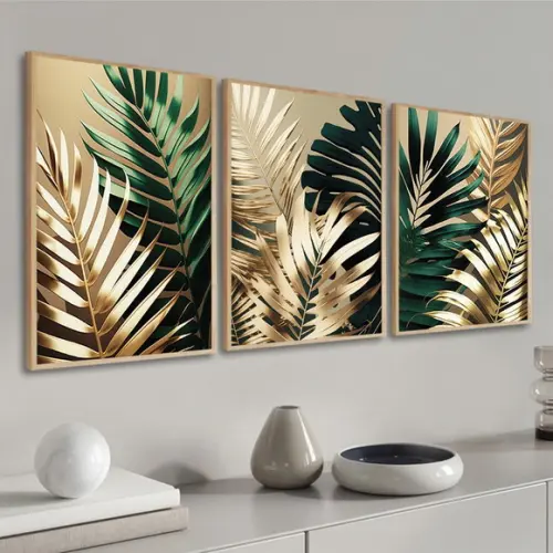 Kit Quadros Decorativos Modernos Folhagem Verde Gold Moldura