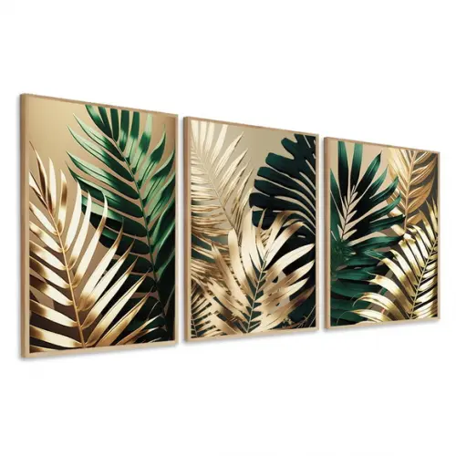 Kit Quadros Decorativos Modernos Folhagem Verde Gold Moldura