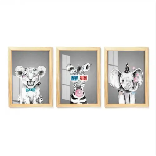 Kit Quadros Decorativos Modernos Infantil Com Moldura Vidro