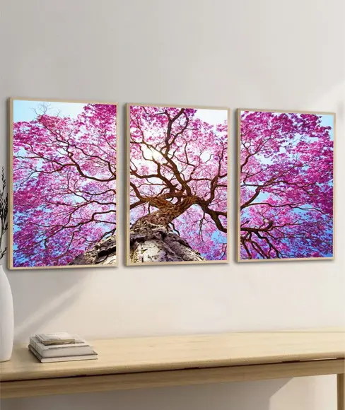 Kit Quadros Decorativos Modernos Ipê Rosa Arvore com Moldura