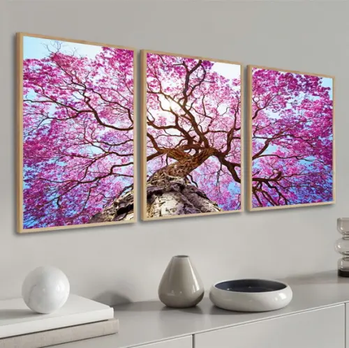 Kit Quadros Decorativos Modernos Ipê Rosa Arvore com Moldura