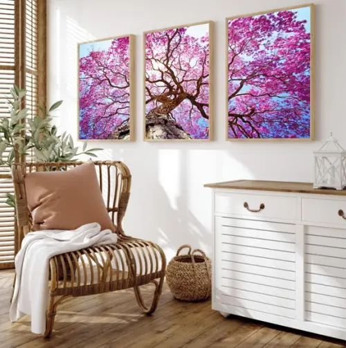 Kit Quadros Decorativos Modernos Ipê Rosa Arvore com Moldura