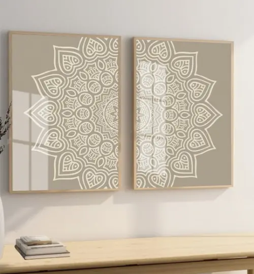 Kit Quadros Decorativos Modernos Mandala Bege Moldura Vidro