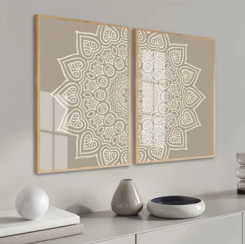 Kit Quadros Decorativos Modernos Mandala Bege Moldura Vidro