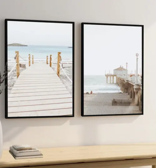 Kit Quadros Decorativos Modernos Paisagem Praia Mar Moldura