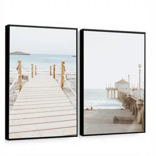 Kit Quadros Decorativos Modernos Paisagem Praia Mar Moldura