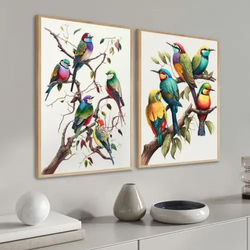 Kit Quadros Decorativos Modernos Pássaros Coloridos Moldura