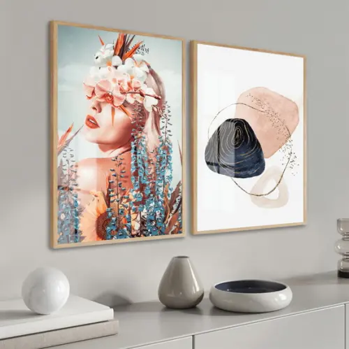 Kit Quadros Decorativos Mulher Flores Abstrato Moldura Vidro