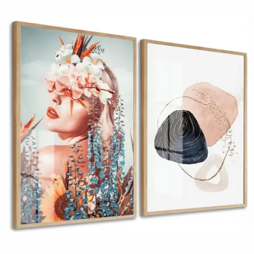 Kit Quadros Decorativos Mulher Flores Abstrato Moldura Vidro