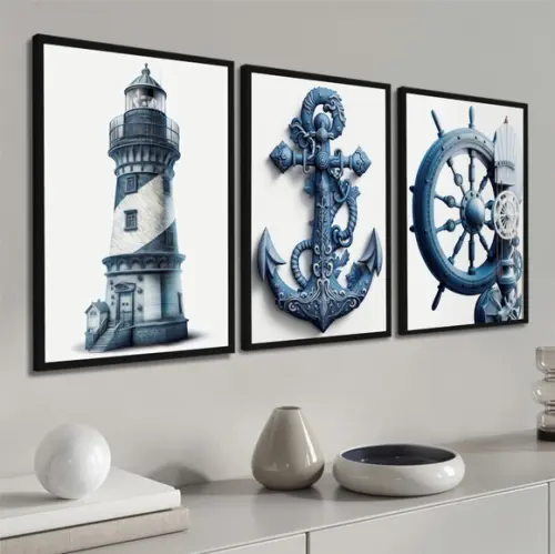 Kit Quadros Decorativos Náuticos Farol Ancora Moldura Vidro