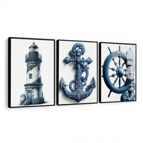 Kit Quadros Decorativos Náuticos Farol Ancora Moldura Vidro