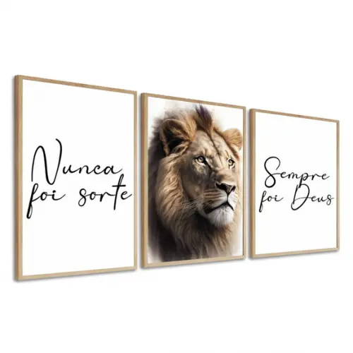 Kit Quadros Decorativos Nunca Foi Sorte Leão Sempre Foi Deus