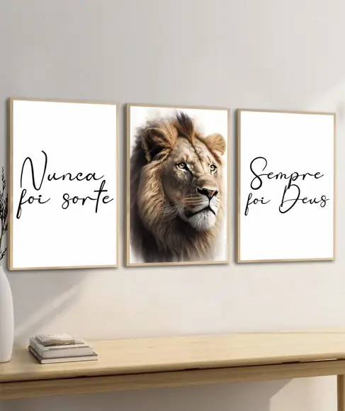 Kit Quadros Decorativos Nunca Foi Sorte Leão Sempre Foi Deus