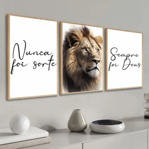 Kit Quadros Decorativos Nunca Foi Sorte Leão Sempre Foi Deus