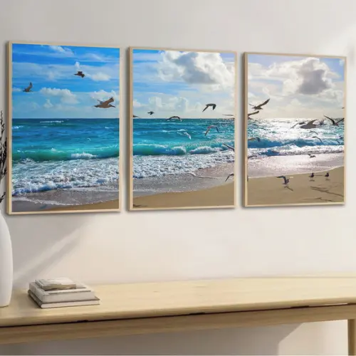 Kit Quadros Decorativos Paisagem Mar Praia Gaivotas Moldura