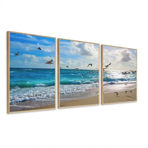 Kit Quadros Decorativos Paisagem Mar Praia Gaivotas Moldura