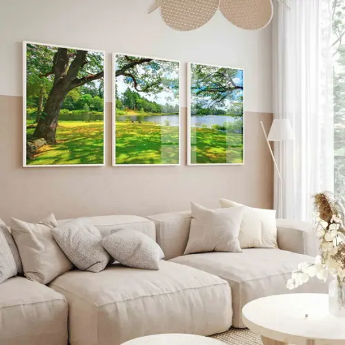 Kit Quadros Decorativos Paisagem Arvore Verde Moldura Vidro
