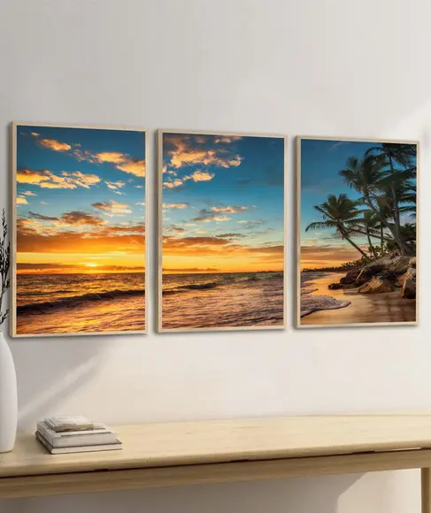 Kit Quadros Decorativos Paisagem Pôr do Sol Coqueiro Moldura
