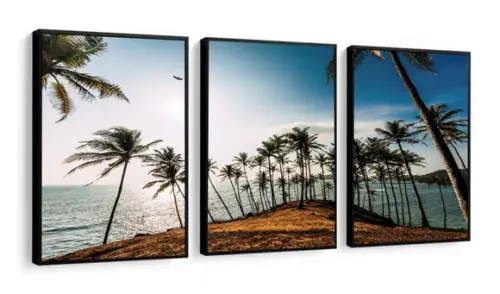 Kit Quadros Decorativos Paisagem Pôr Do Sol Coqueiro Moldura